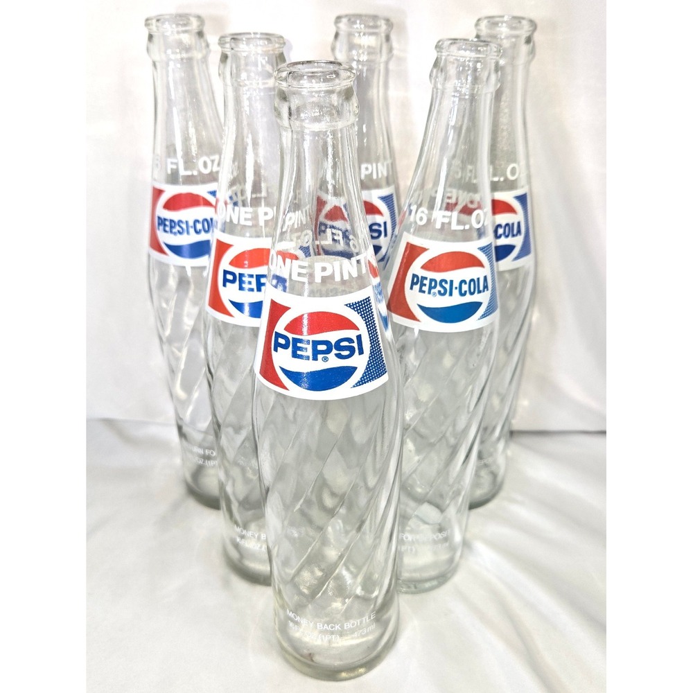 Vintage Pepsi-Cola 16 Ounce Pint Bottle 1980s 6 Pack Thatcher Glass Co Clear